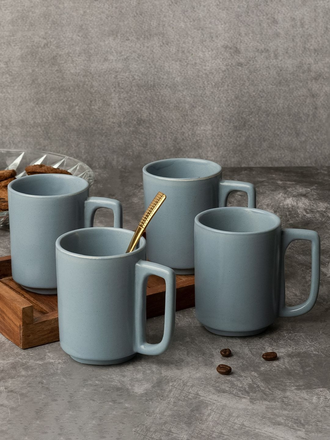 BODHI HOUSE Blue Ceramic Dishwasher and Microwave Safe 4 Pieces Mugs 240 Ml