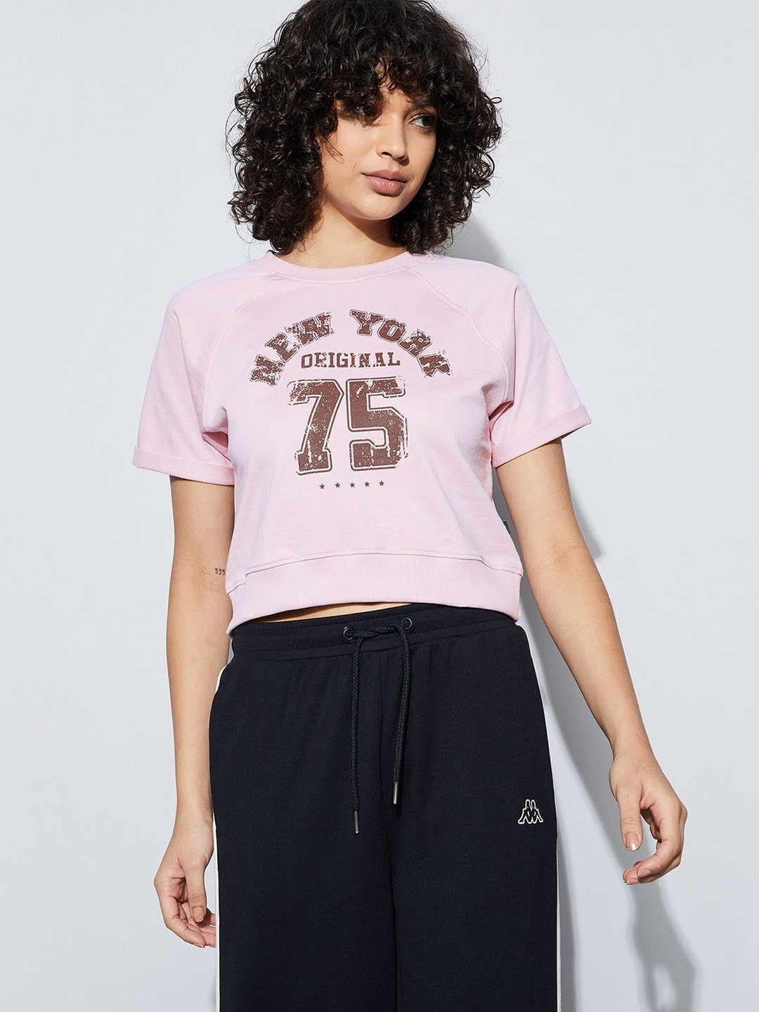 Kappa Women Typography Printed Raglan Sleeves Cotton Crop T-shirt