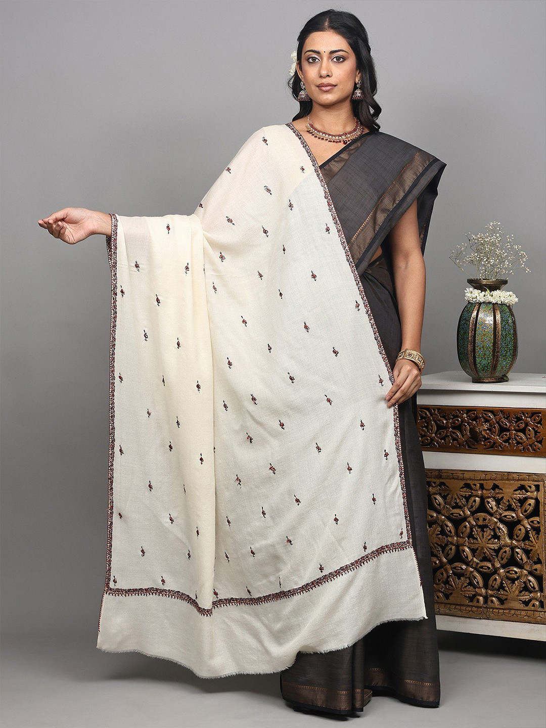 Exotic India Shawl From Kashmir With Sozni Embroidered Bootis And Thin Border