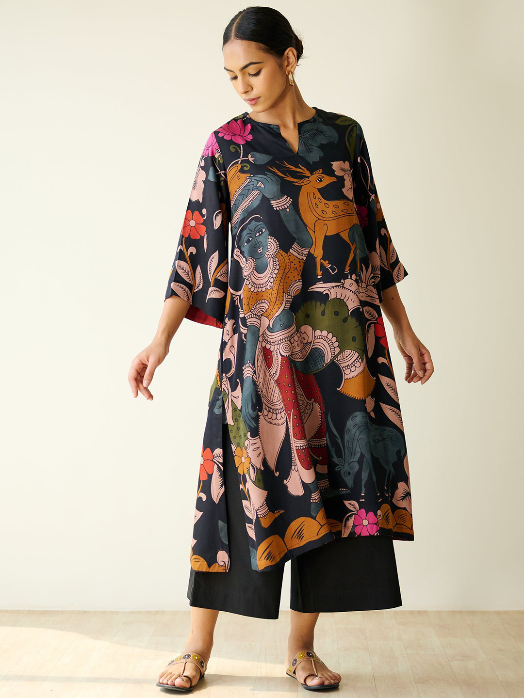 Rustorange Chitra Ethnic Motifs Printed Notch Neck Flared Sleeves Modal Satin Kurta