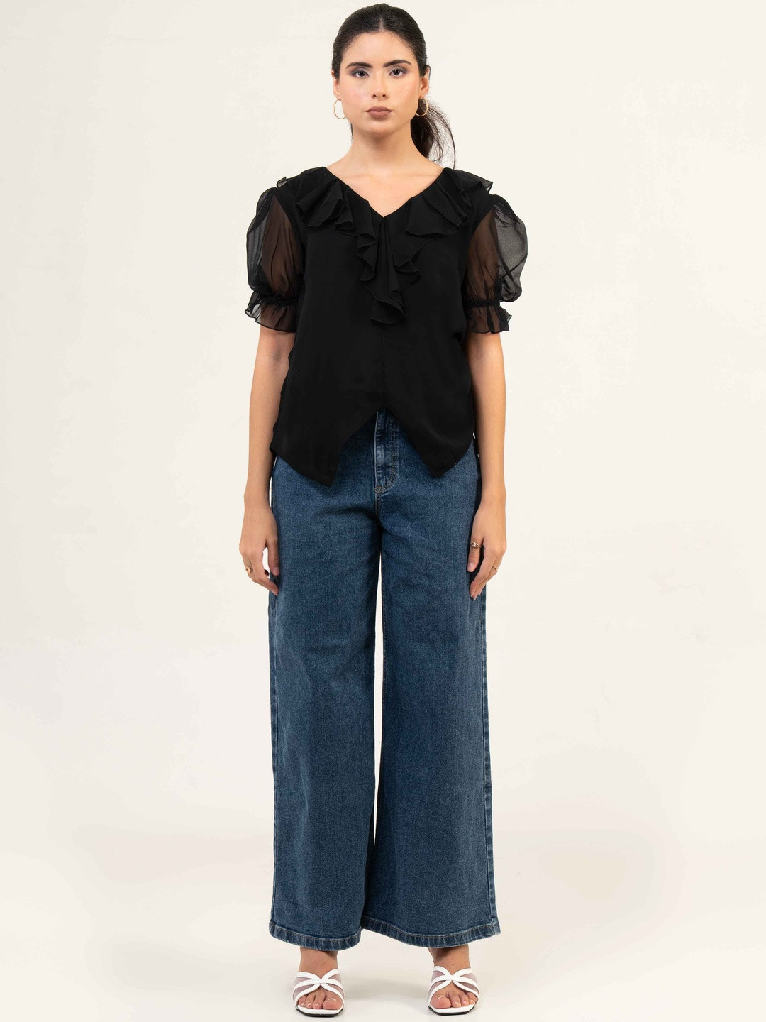 Urban Sundari Puff Sleeve Ruffles Georgette Top