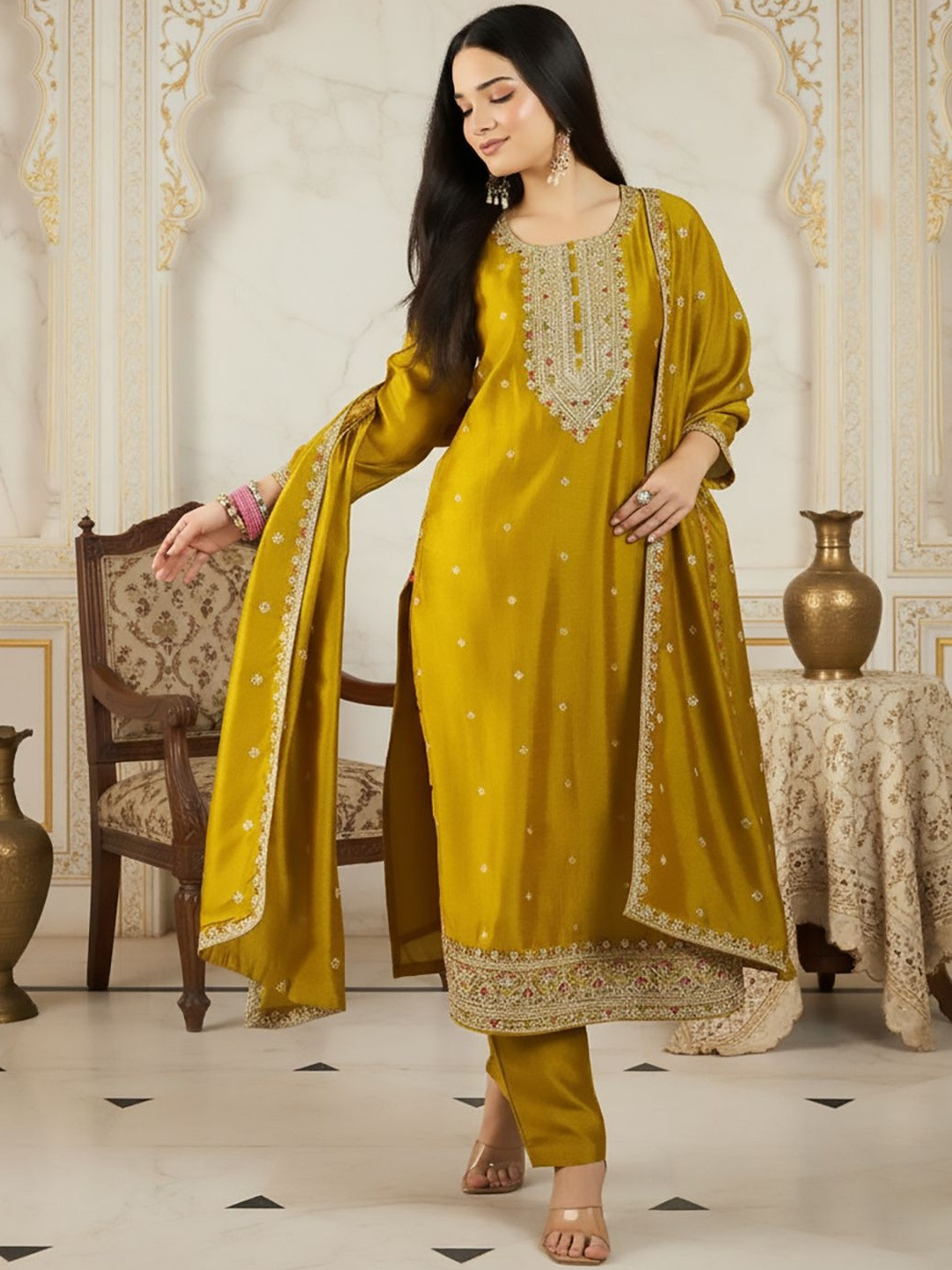 House of Pataudi Embroidered Straight Kurta With Trouser & Dupatta