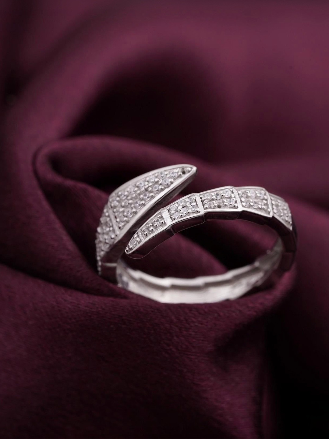 Zalkari Silver Rhodium-Plated Cubic Zirconia-Studded Serpenti Viper Finger Ring