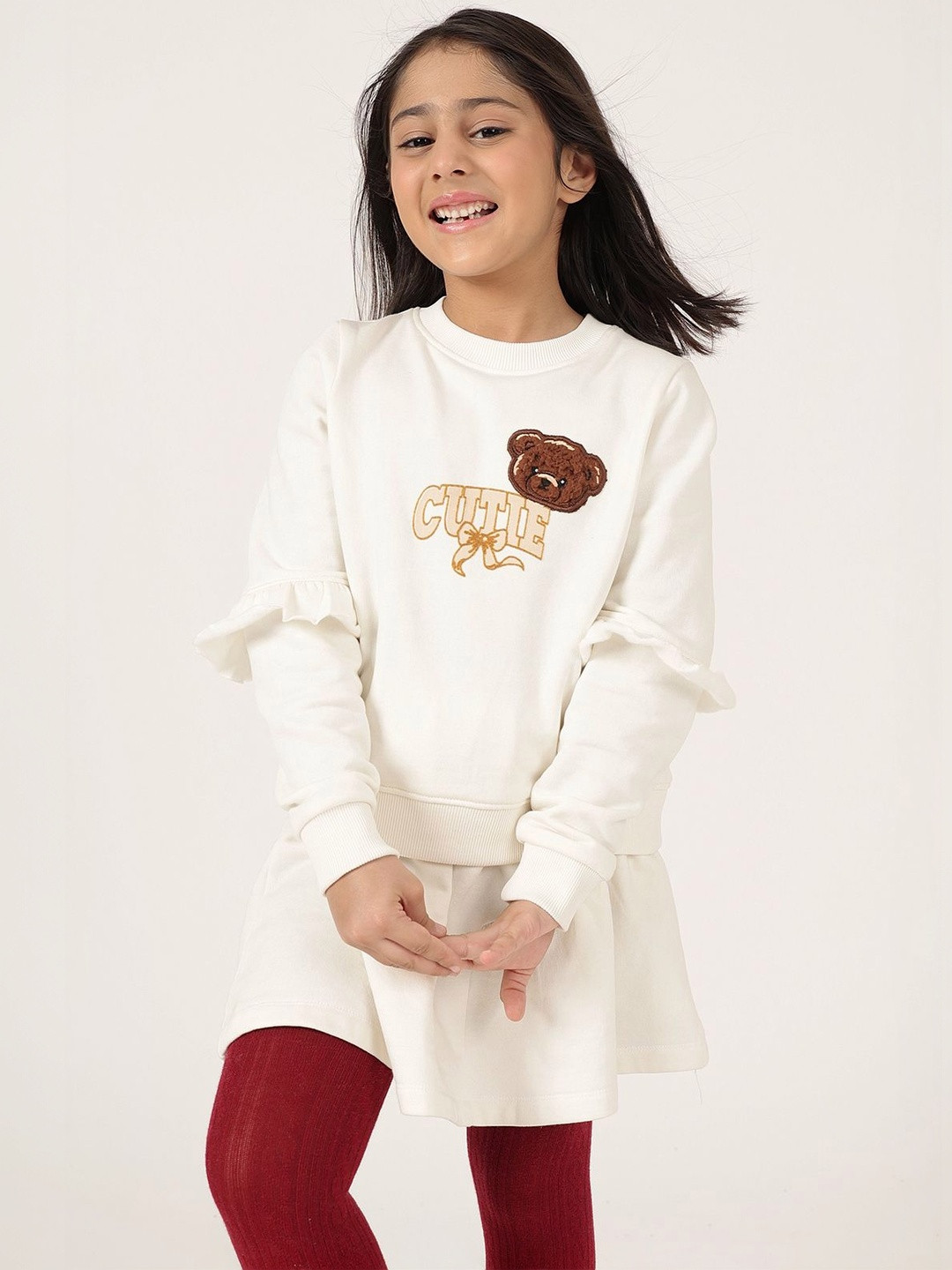 One Friday Girls Off White Cotton Fleece Round Neck Full Sleeve Top