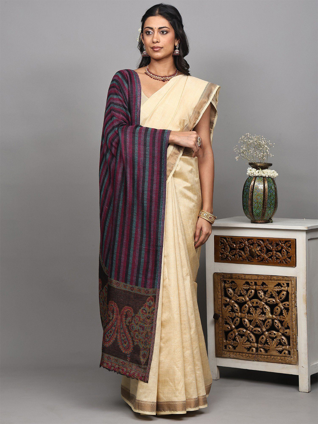 Exotic India Reversible Two-Ply Shawl With Woven Stripes And Paisleys Palla From Amritsar