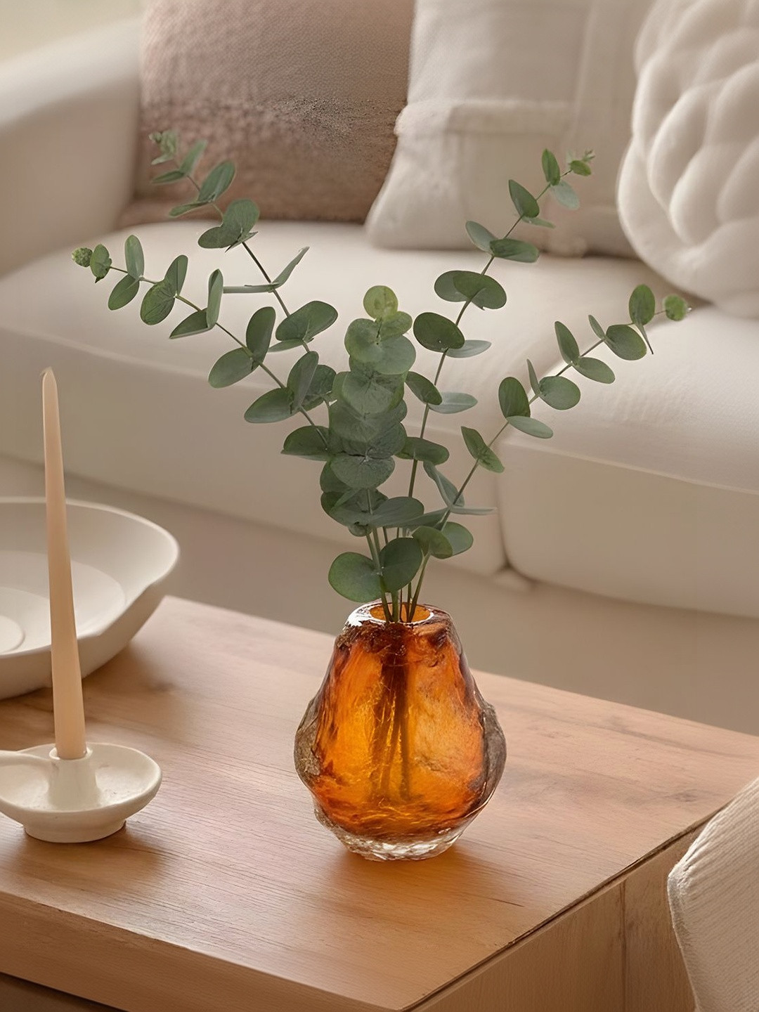 AARVI DECOR STUDIO Amberava Brown Textured Glass Flower Vase