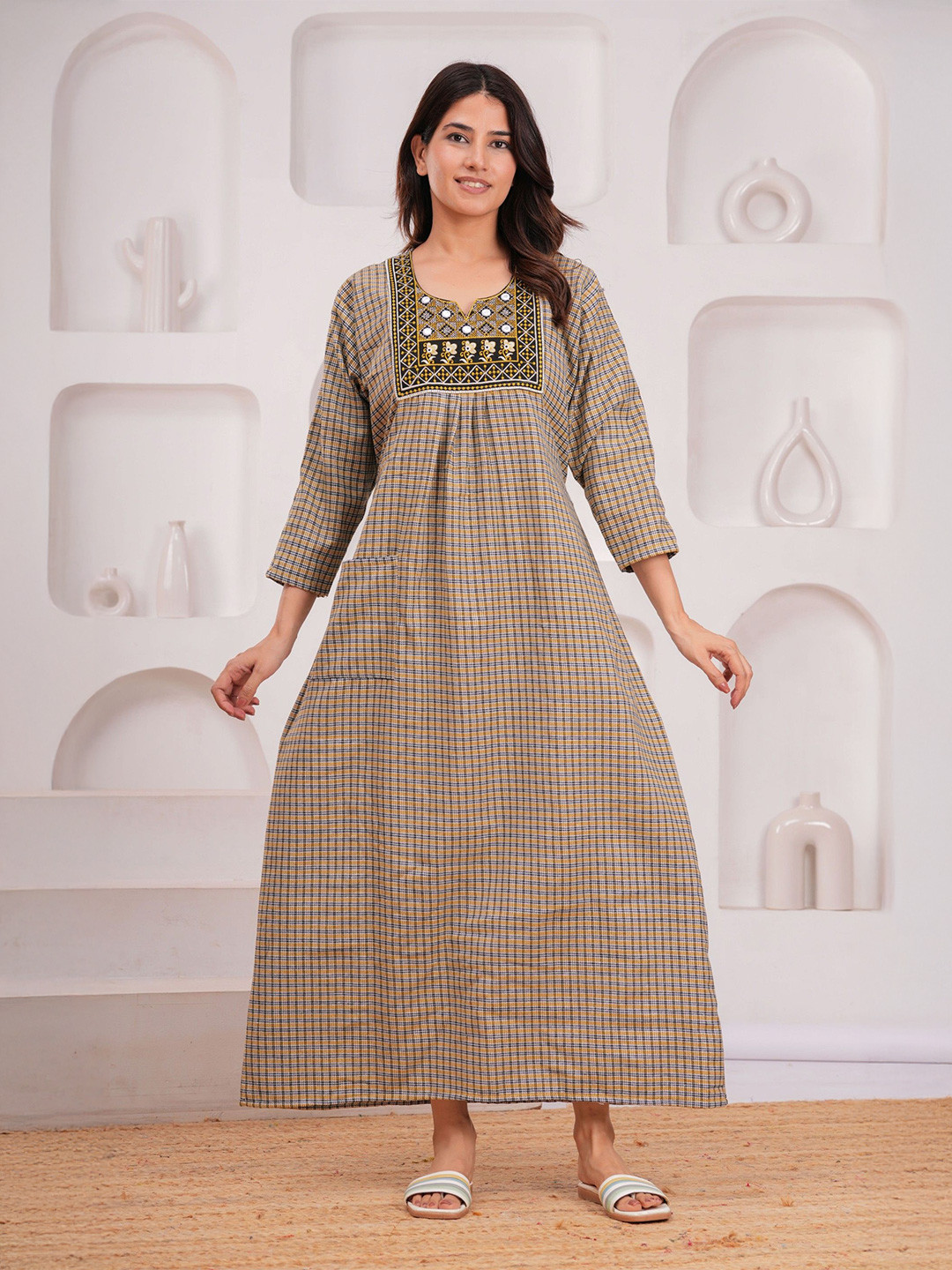MAYA PRINT Checked Maxi Nightdress