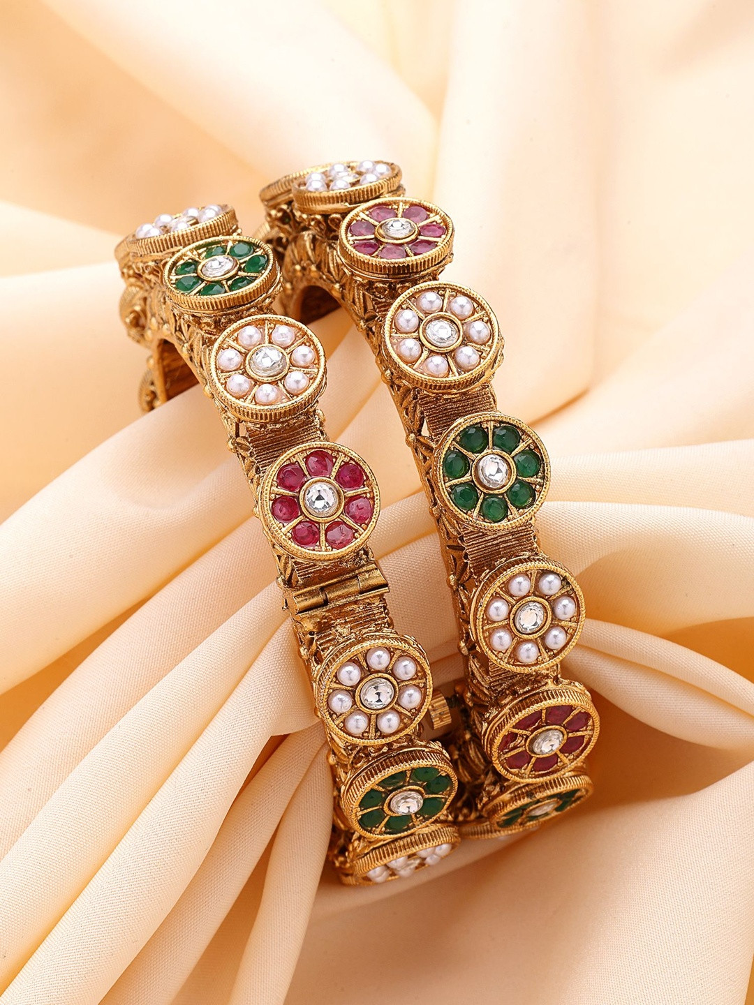 KARATCART Set Of 2 Gold-Plated Floral Design Rajwadi Stone-Studded & Beaded Bangles