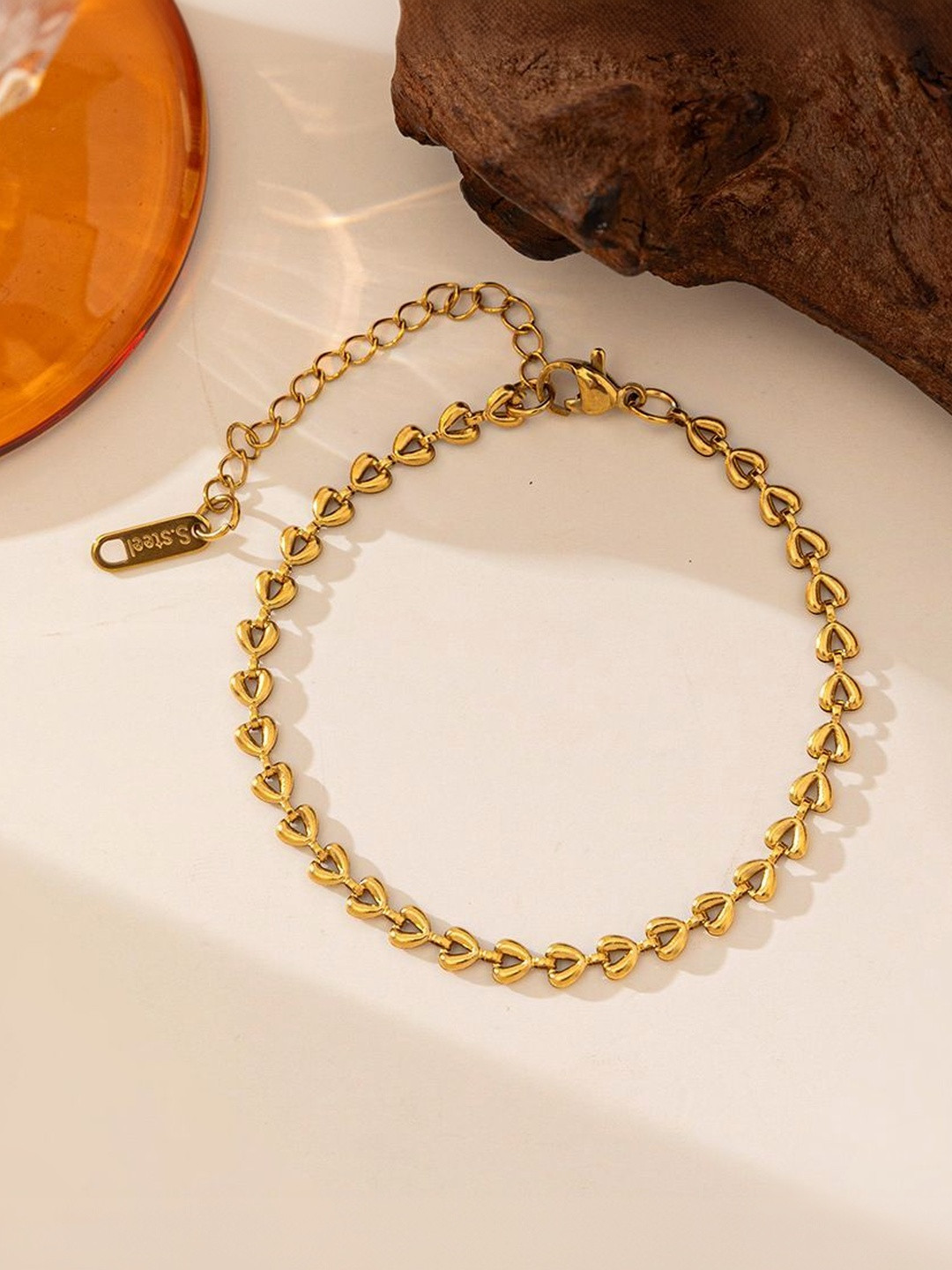 MYKI Stainless Steel Gold-Plated Mini Heart Link Bracelet