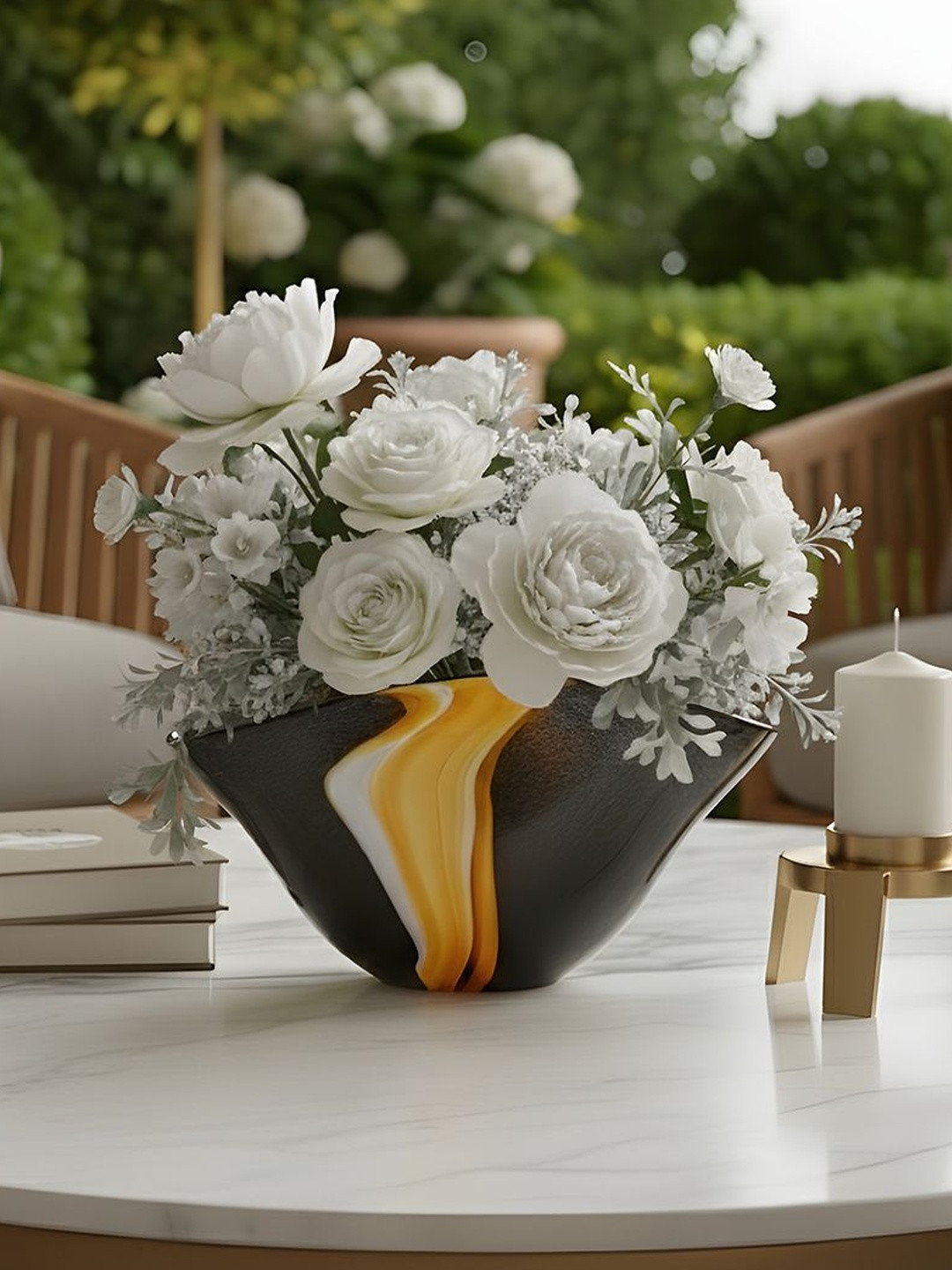 AARVI DECOR STUDIO Midnight Crest Black & Yellow Printed Glass Flower Vase