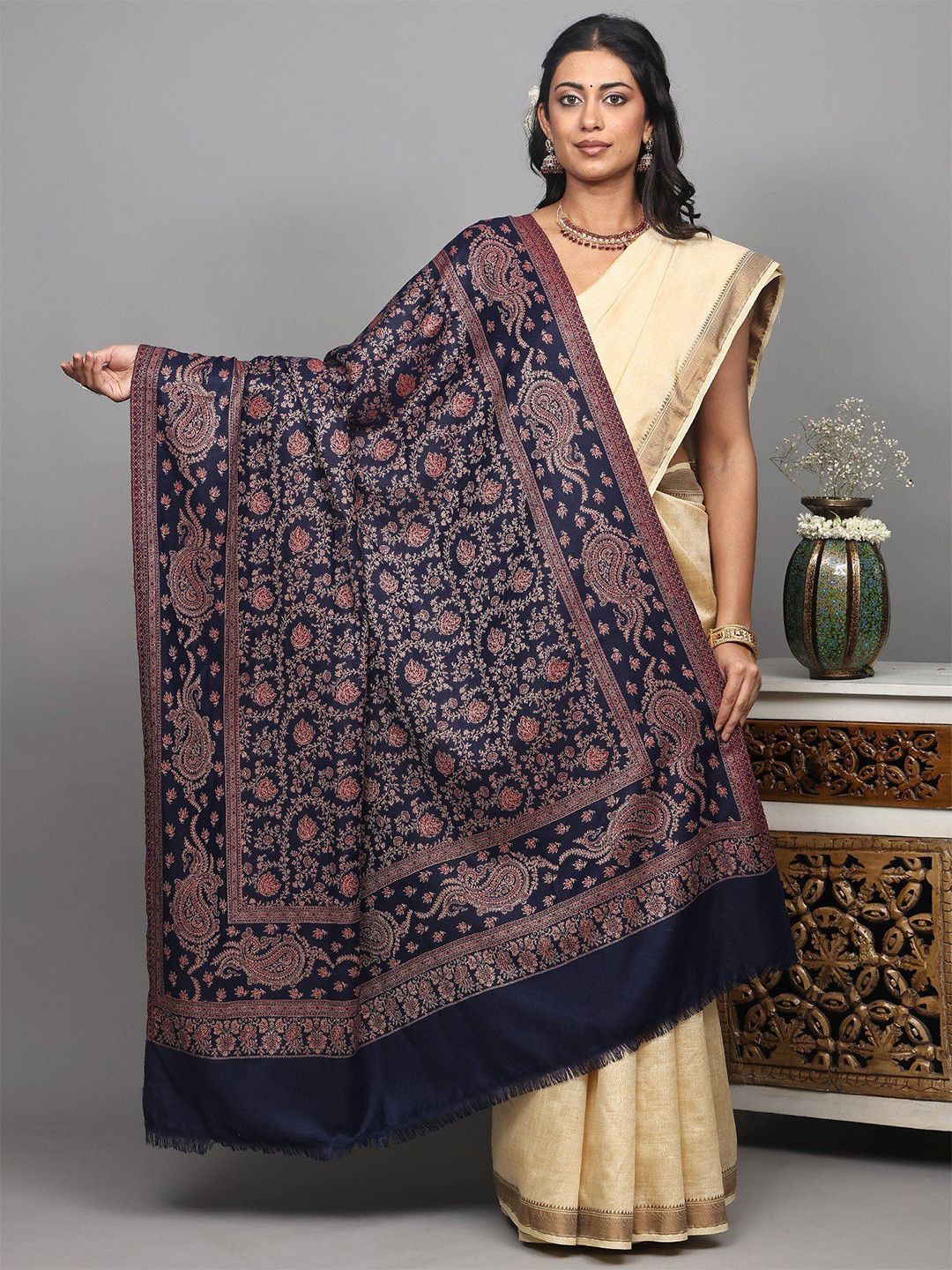 Exotic India Reversible Woollen Shawl From Punjab With Woven Floral Jaal & Paisleys Border