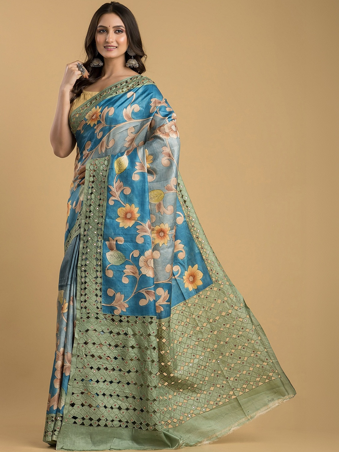 Silk Petalss Floral Mirror Work Silk Blend Heavy Work Core Saree