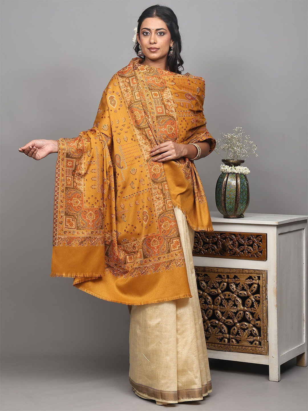 Exotic India Diamond Weave Paisley Woven Design Shawl
