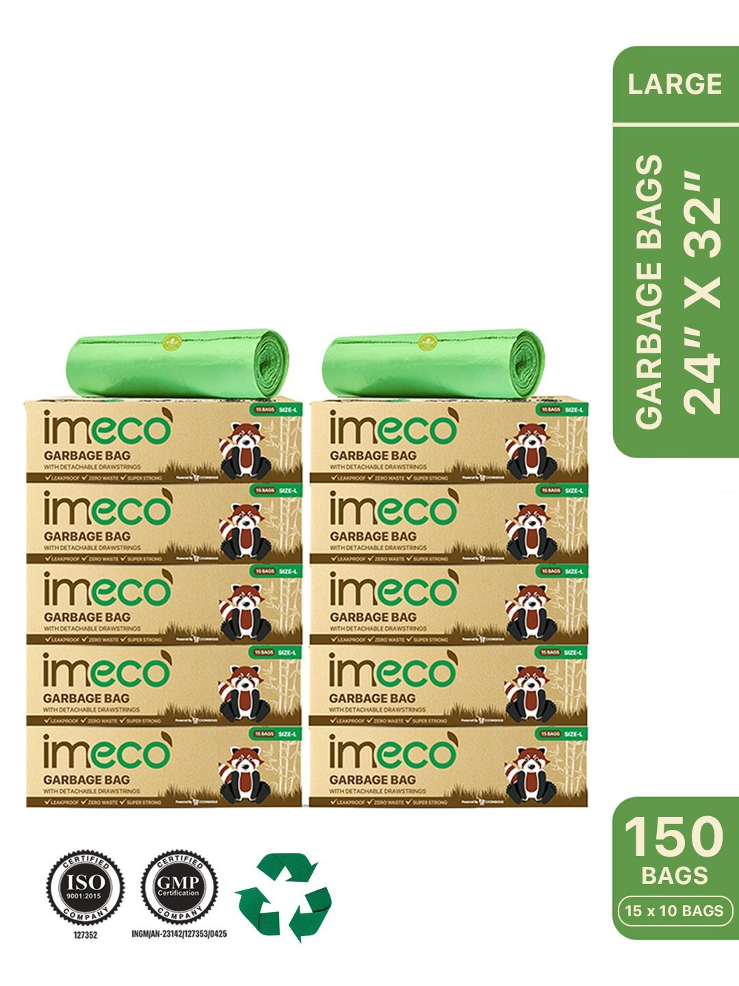 IMECO Pack Of 10 Eco-Friendly Garbage Bags with Detachable Drawstrings