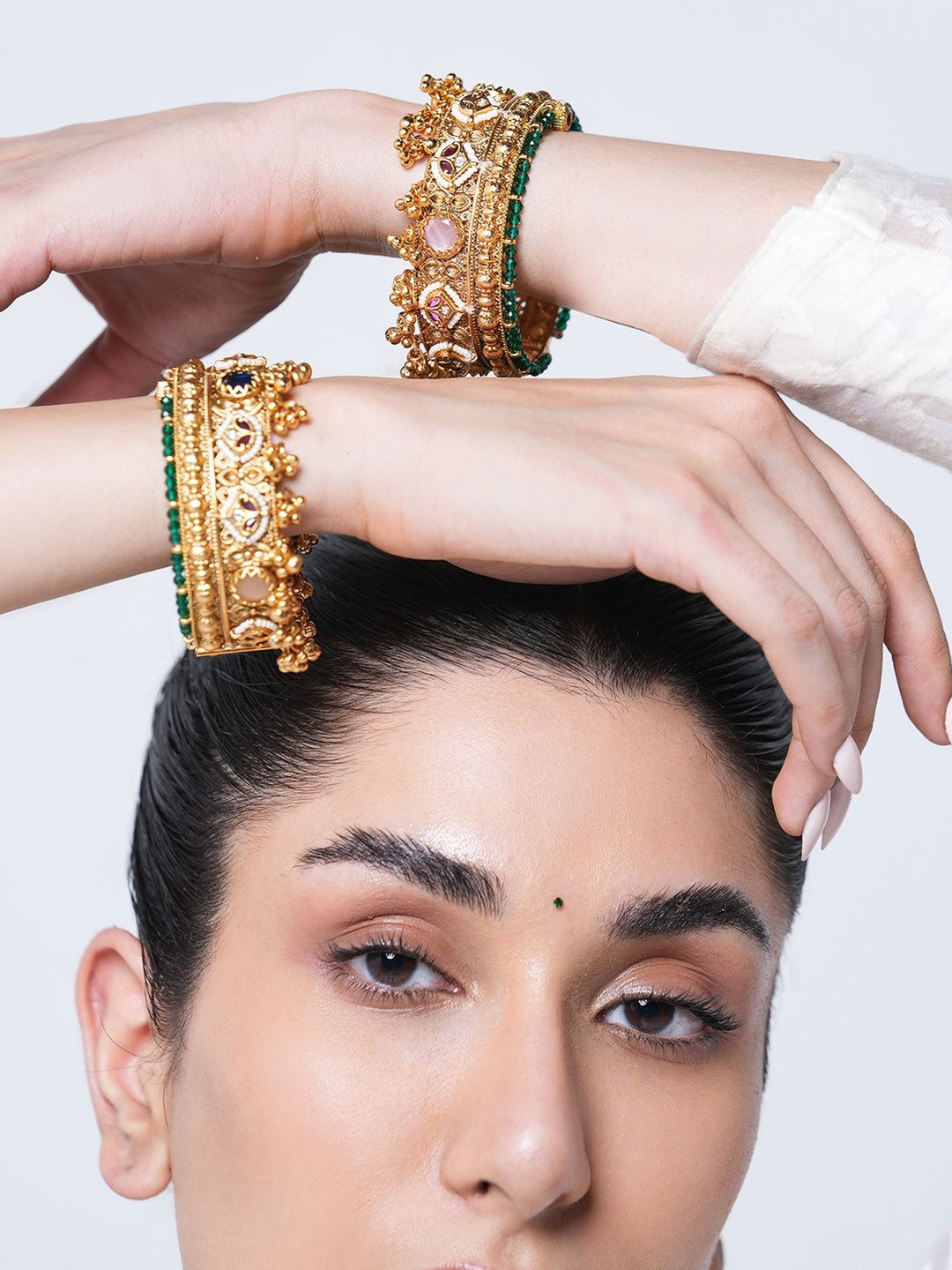 CAO Jewellery Set Of 2 Artificial Stones Studded And Pearls Beaded Heavy Rajwada Bangles