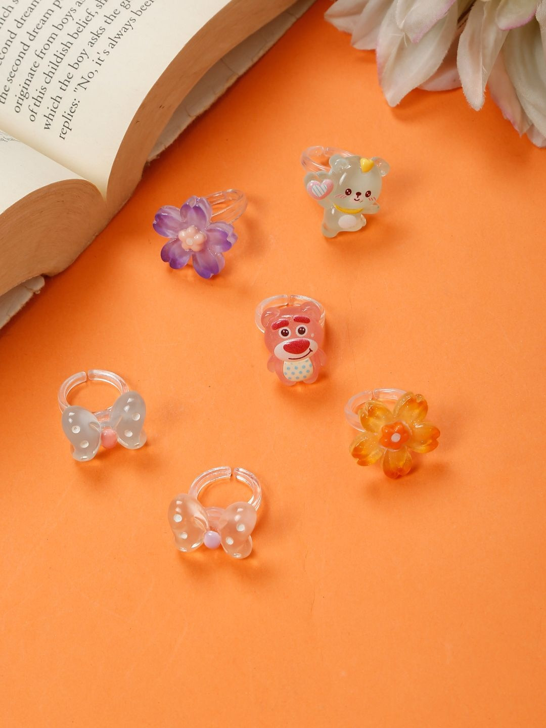 Stoln Girls Set Of 6 Butterfly & Flower Designed Adjustable Finger Rings