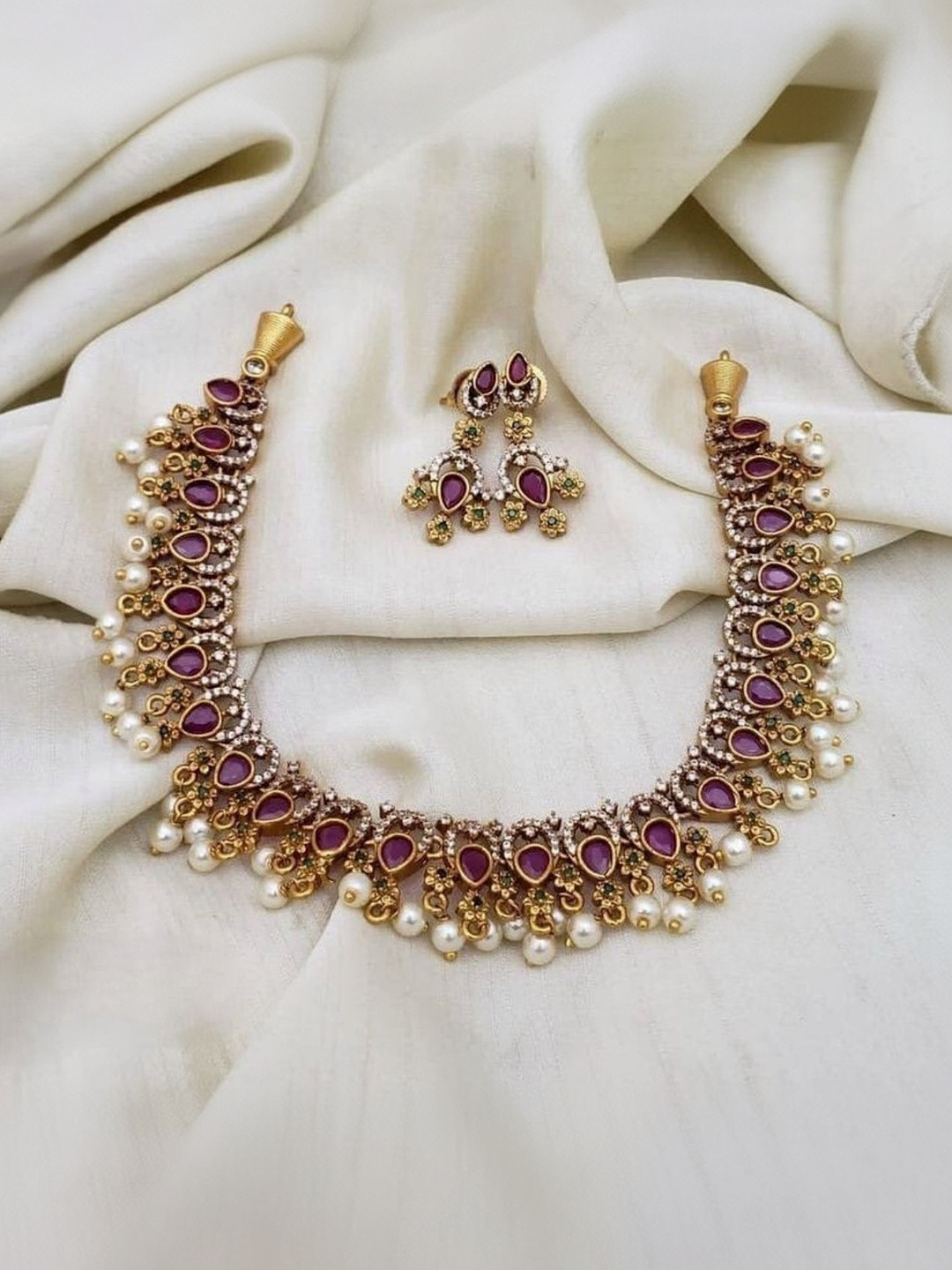 TEEMEXn Gold-Plated American Diamond-Studded & Beaded Jewellery