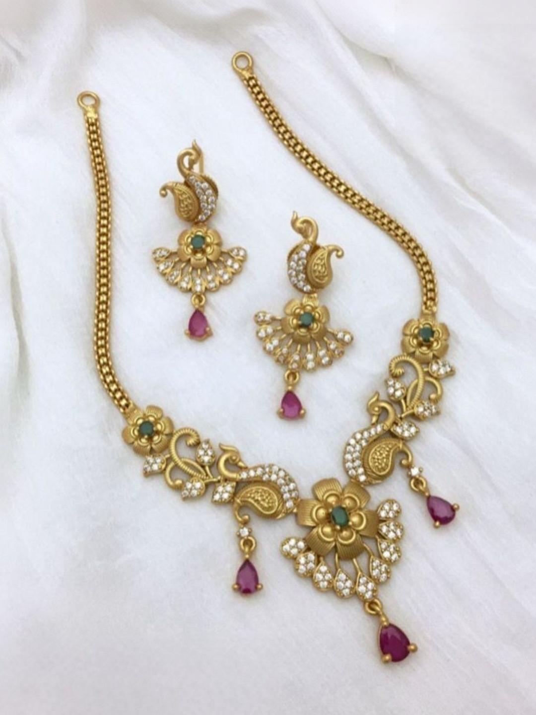 TEEMEX Gold-Plated American Diamond Studded Necklace With Earrings
