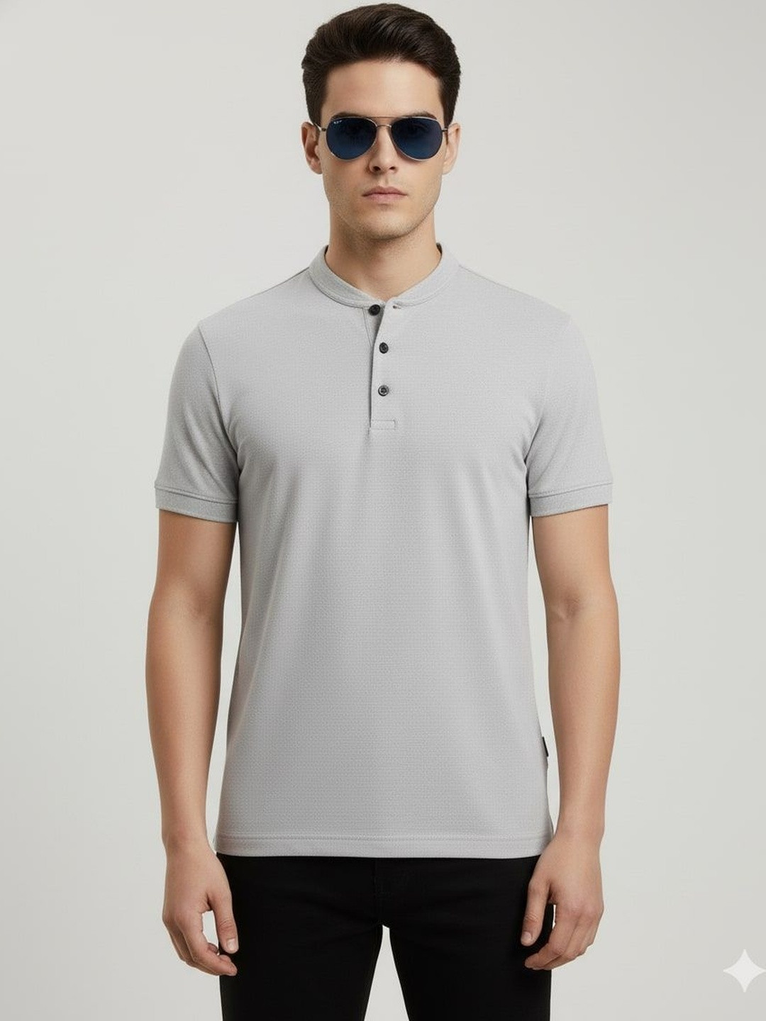 JAI TEXTILES Men Self Design Henley Neck Slim Fit Cotton T-shirt