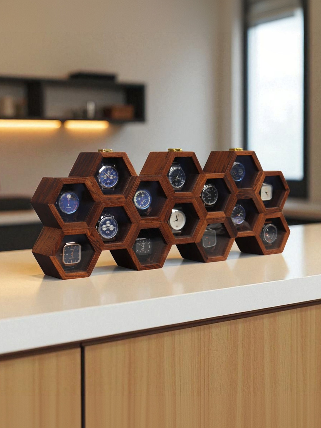 Creation India Craft Brown 14-Slot Wooden Watch Organiser