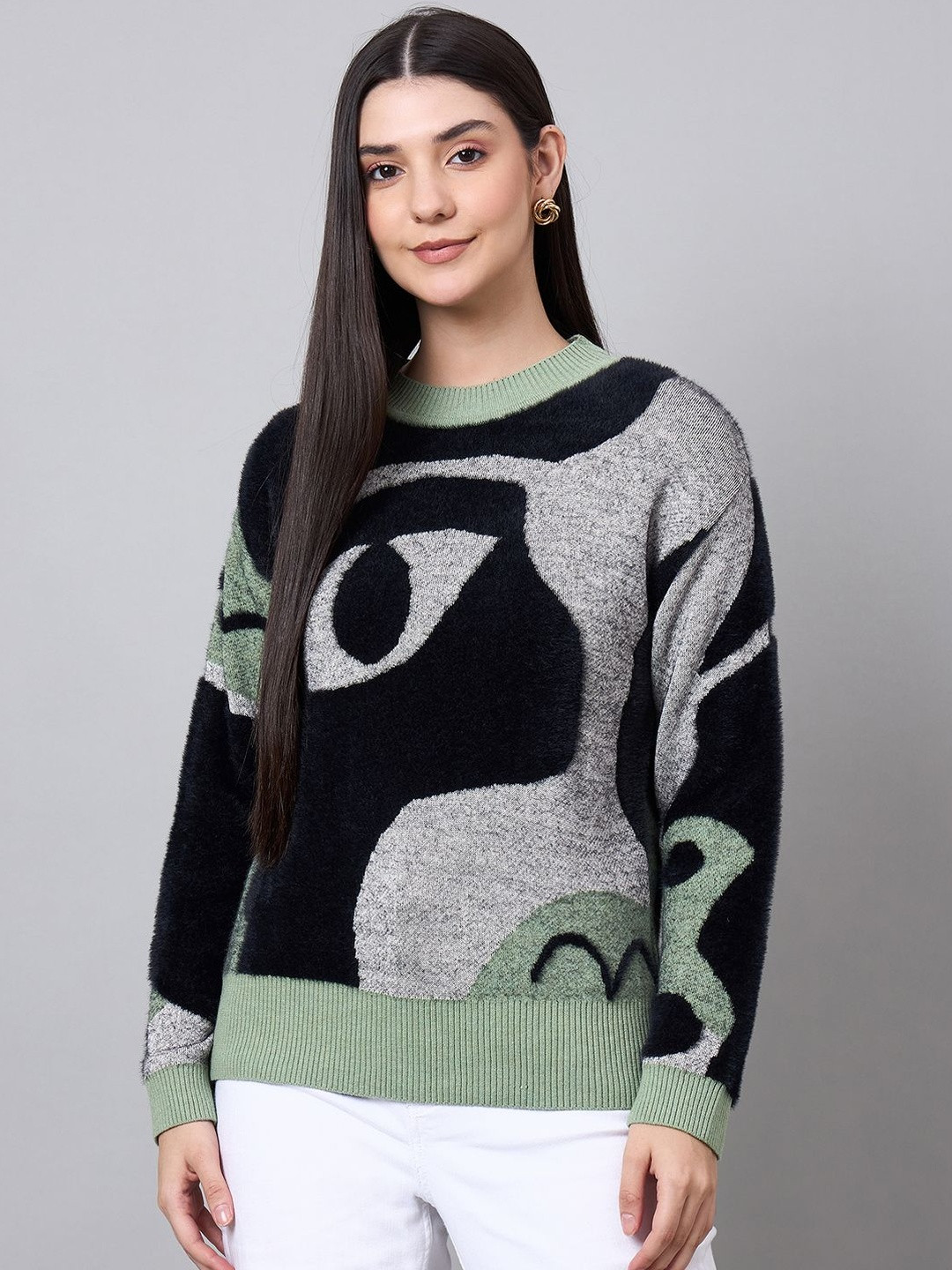 Spink Abstract Printed Round Neck Long Sleeves Top