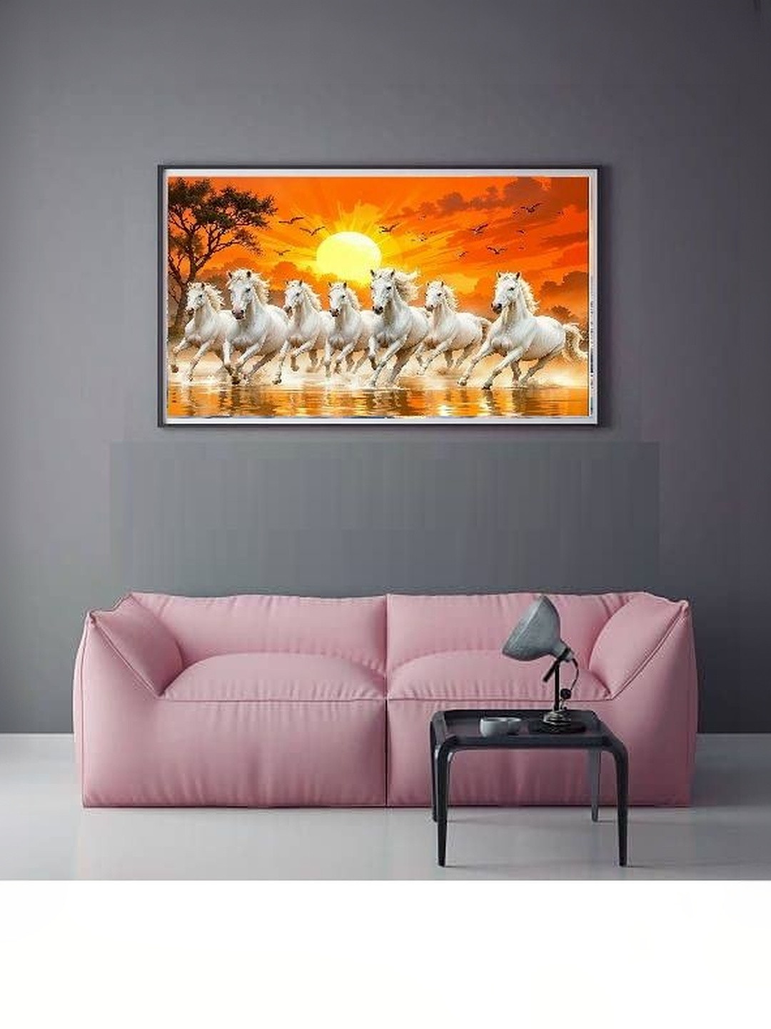 PixelAura White & Red Seven Horses Vastu Printed Paper Wall Sticker