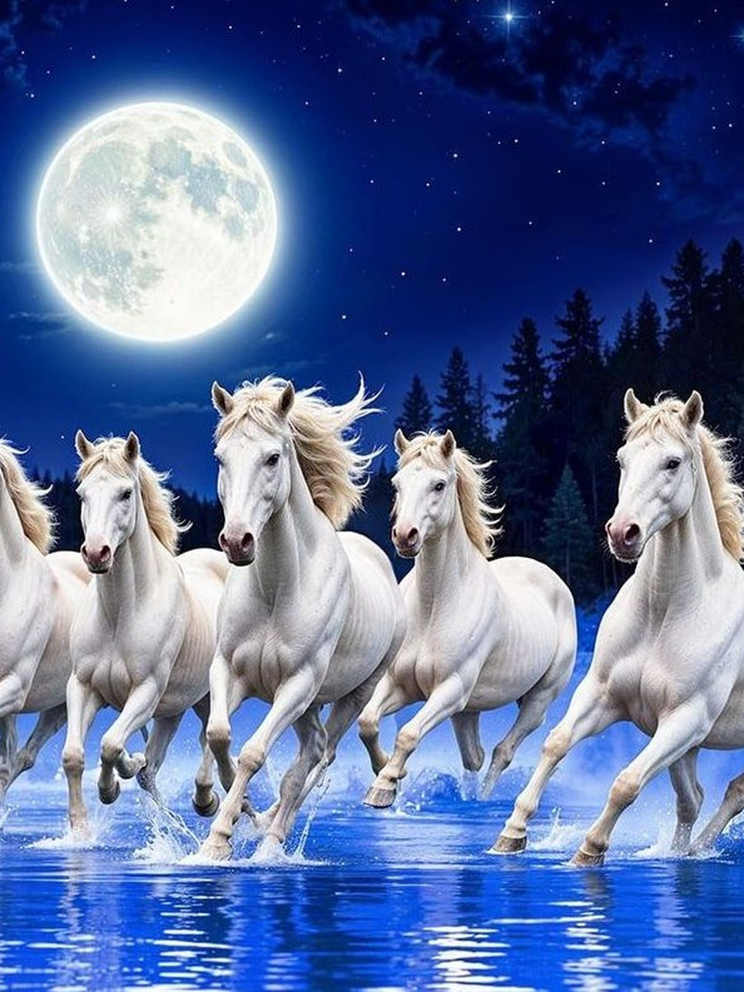 PixelAura White & Blue Printed Paper Seven Horses Vastu Wall Art