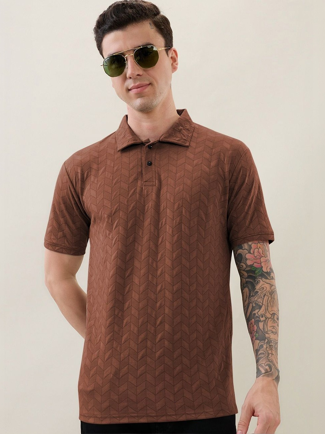 KAJARU Men Geometric Regular Fit Striped Self Design Long Sleeve Polo Collar T-shirt