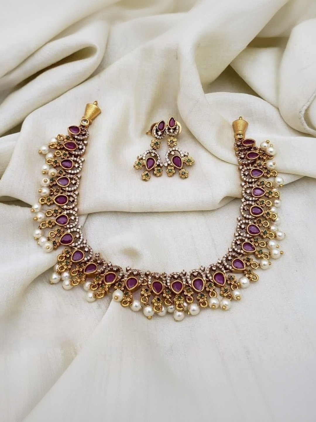 Hikaru Gold-Plated American Diamond Stone-Studded & Beaded Jewellery Set