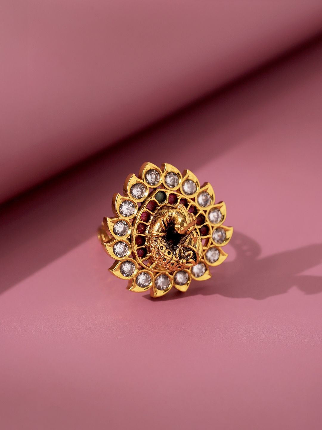 Voylla Gold-Plated Stone-Studded Essentials Peacock Shaped Adjustable Finger Ring