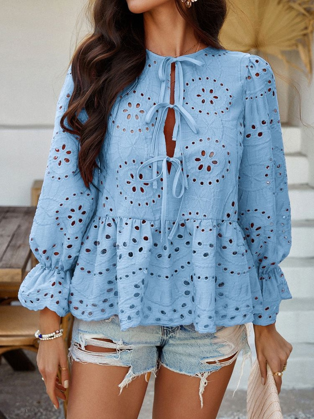 StyleCast Blue Geometric Round Neck Top