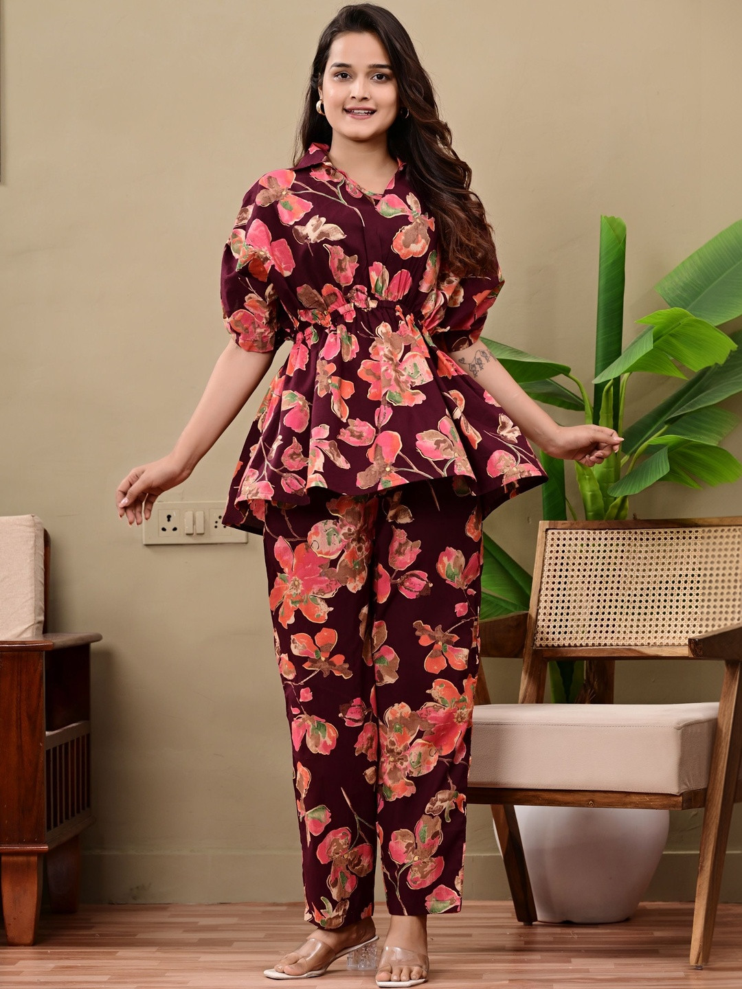 ANEEMA Floral Printed Microfiber Top With Trousers Co-Ords