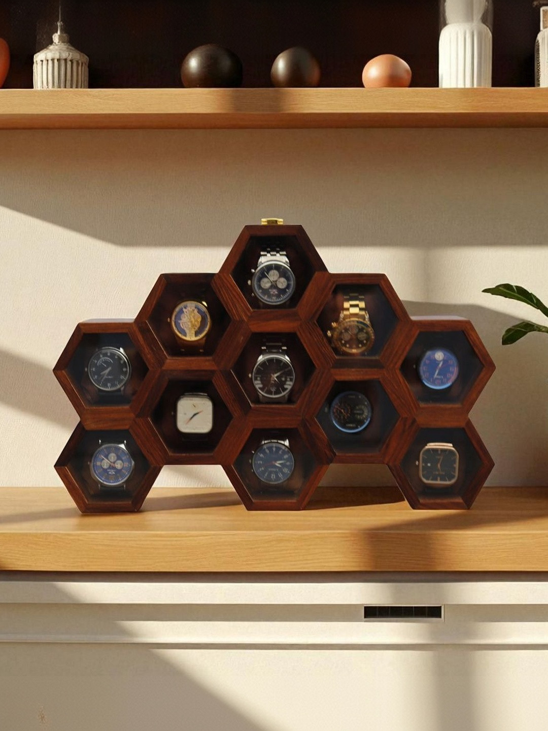 Creation India Craft Brown 11-Slot Textured Wooden Watch Organiser