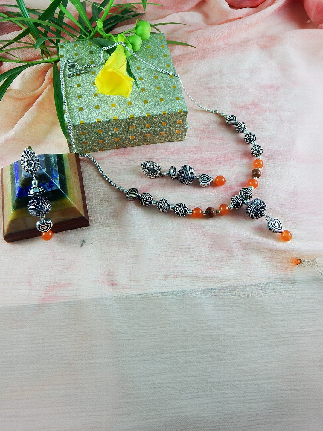 Jaya Vision Jewelry Silver-Plated Carnelian & Goldstone Gemstone Beaded Jewellery Set