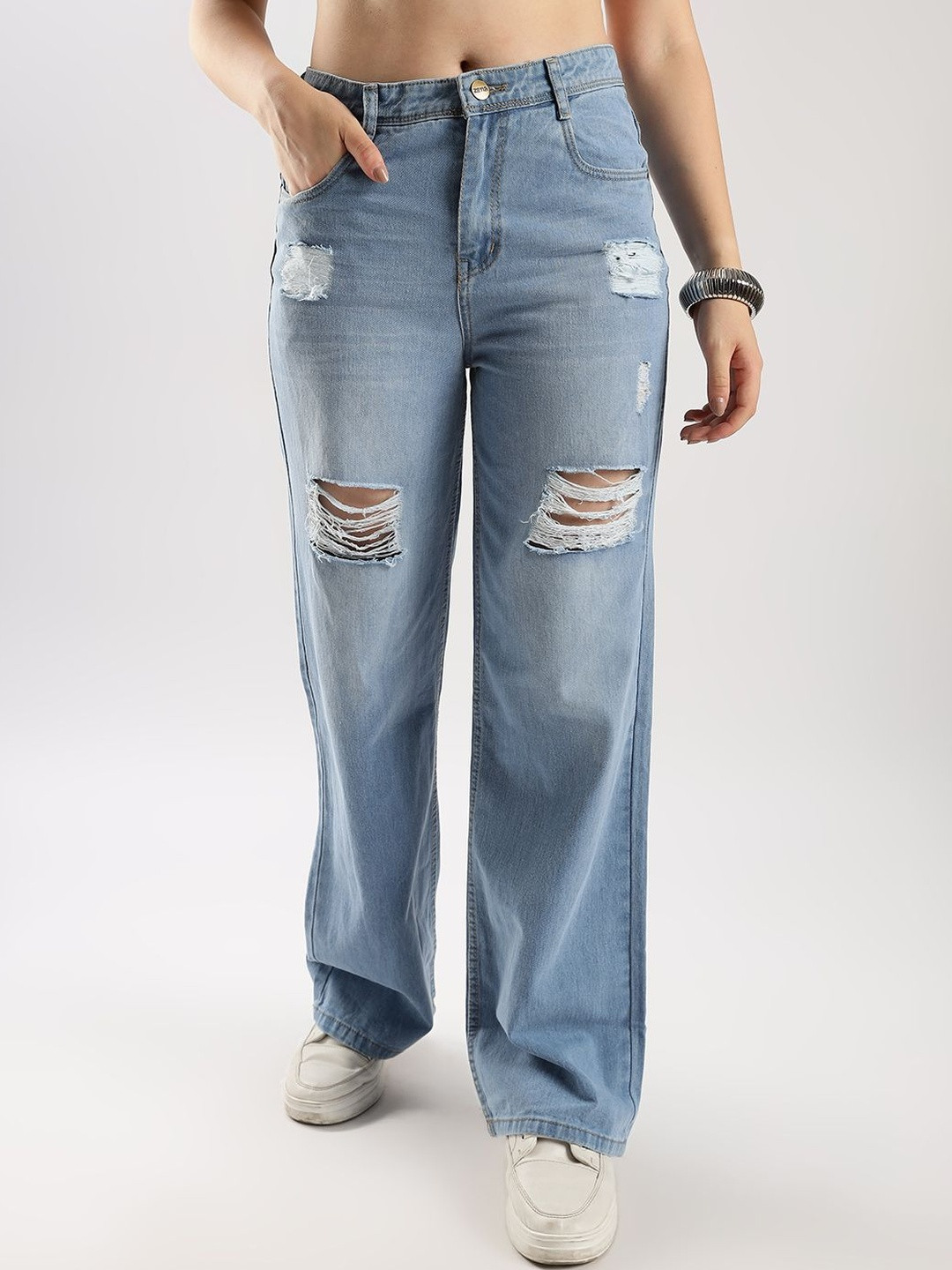 zayla Women Jean Flared High-Rise Highly Distressed Light Fade Jeans