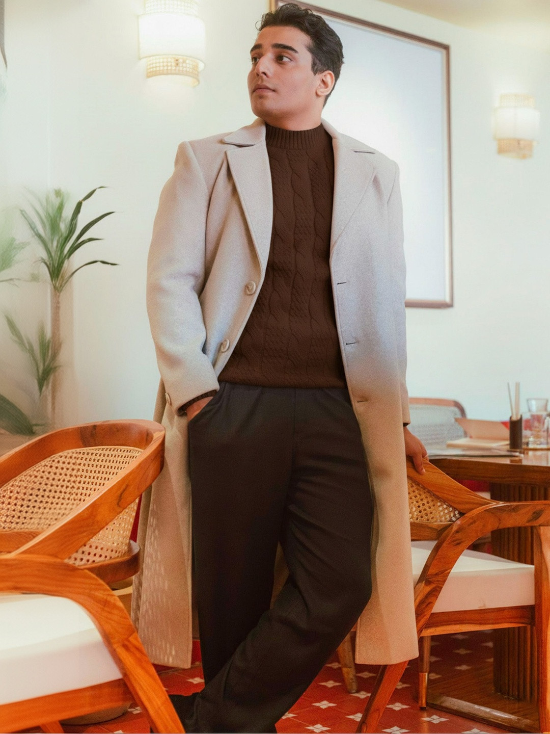 JAVINISHKA Men Solid Ankle Length Notched Lapel Regular Fit Single Breasted Trench Coat