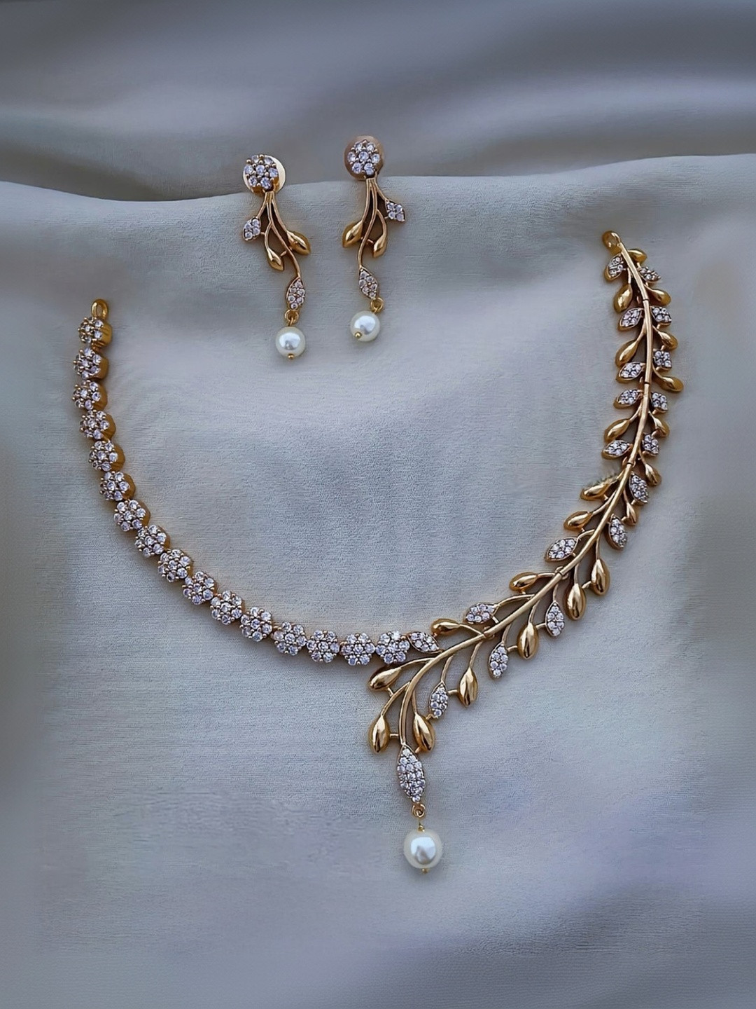 TEEMEX Gold-Plated American Diamond Stone-Studded & Beaded Jewellery Set