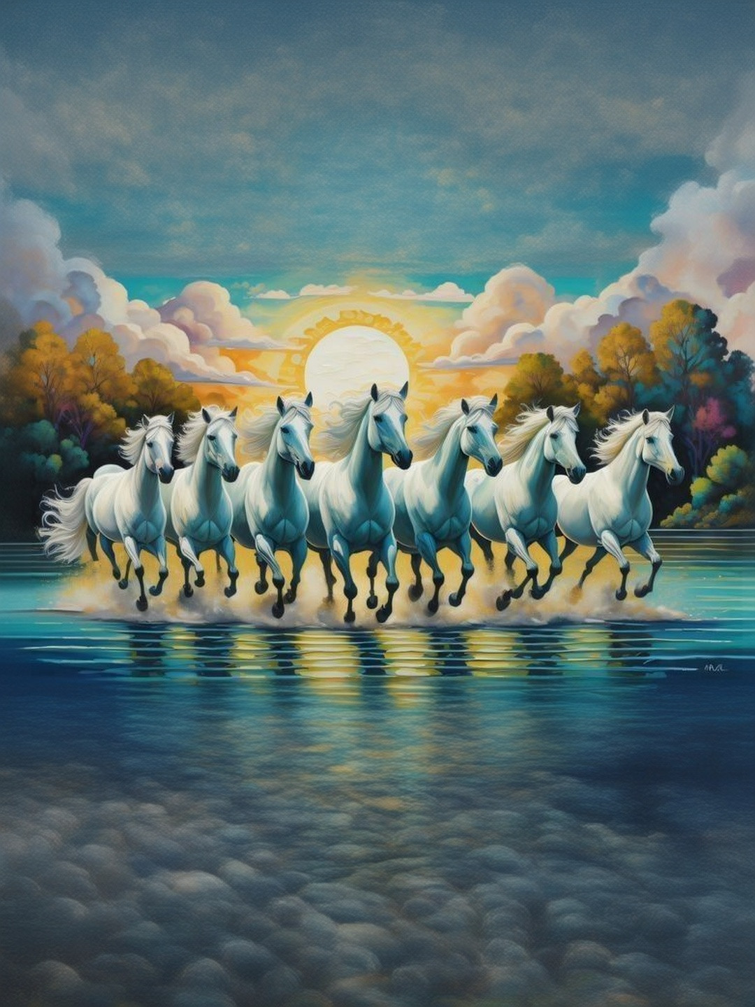PixelAura White & Yellow Printed Paper Seven Horses Vastu Wall Art