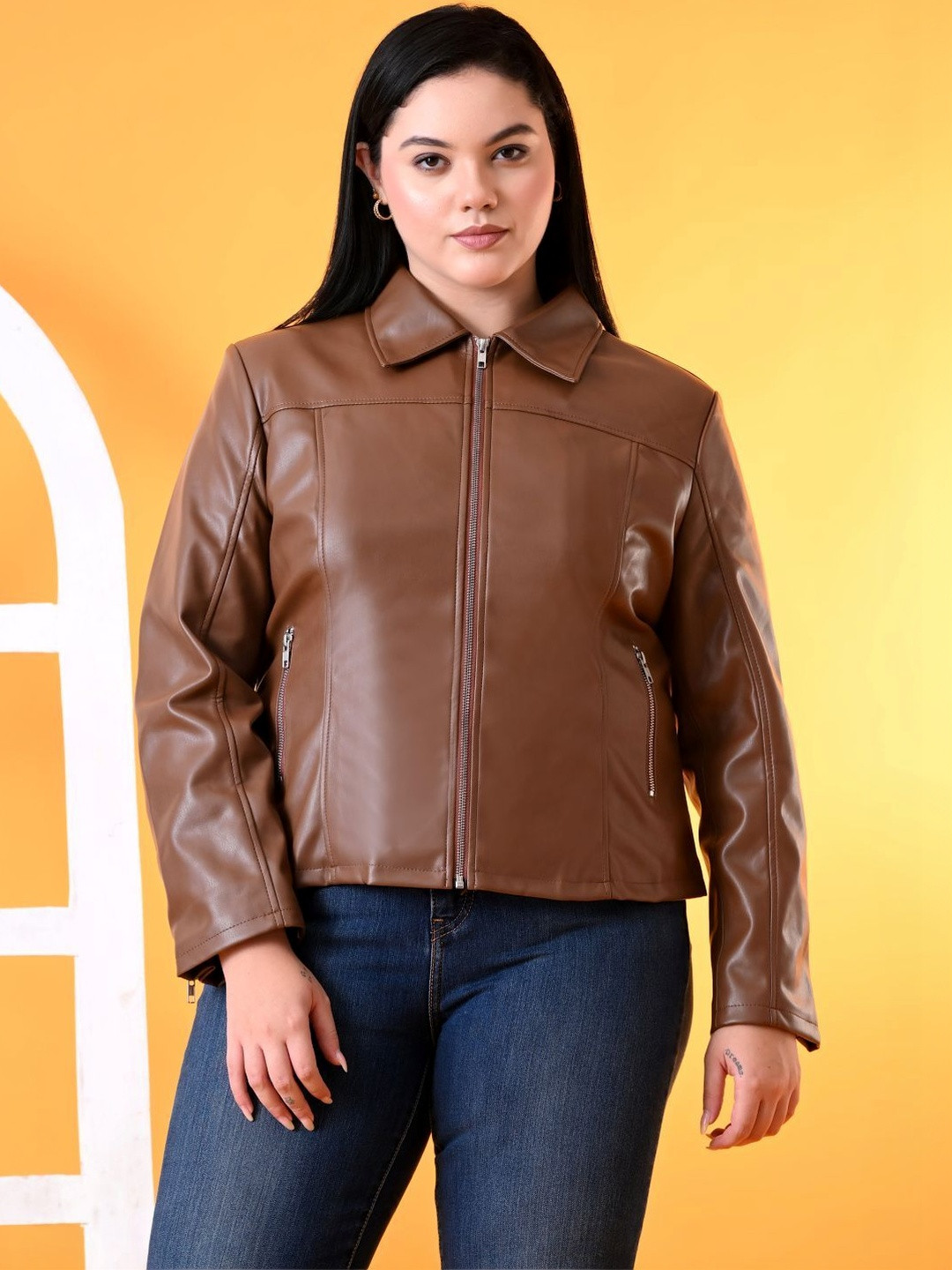 TBOJ Women Plus Size Leather Water Resistant Crop Outdoor Biker Jacket