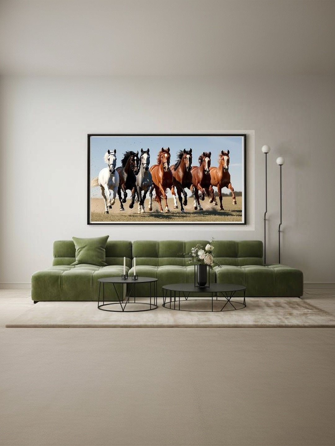 PixelAura White & Black Printed Paper Seven Horses Vastu Wall Art