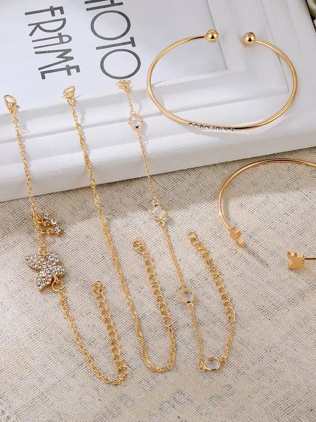 DressBerry Set Of 5 Gold Plated Artificial Stone Studded Cuff Bracelets