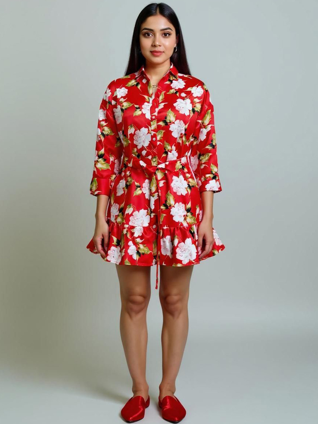 GLAM & CHIQUE Floral Print Satin Shirt Dress