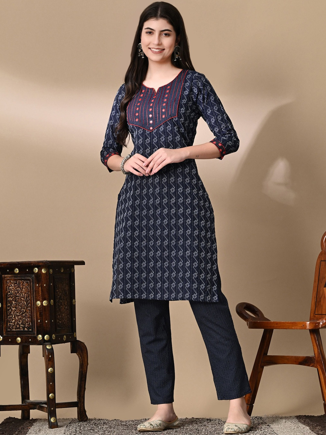KAMAKSHI Women Ethnic Motifs Printed Regular Mirror Work Pure Cotton Kurti with Trousers