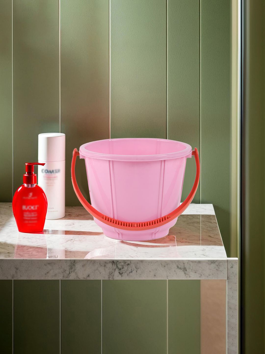 Kuber Industries Pink & Red Light Weight Bucket 5L With Lid & Easy Grip Handle