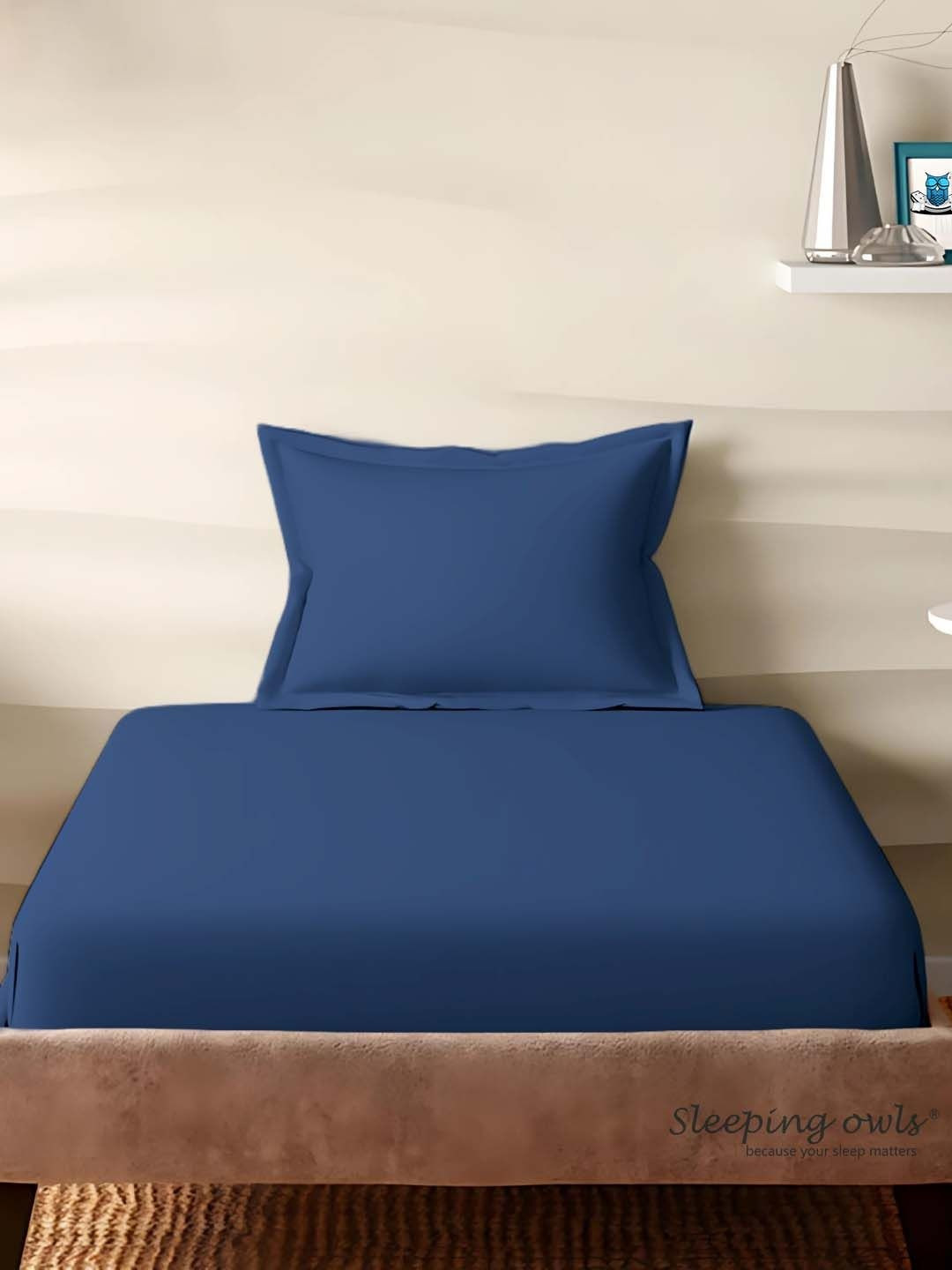Sleeping Owls Navy Blue 210 TC Single Bedsheet with 1 Pillow Covers