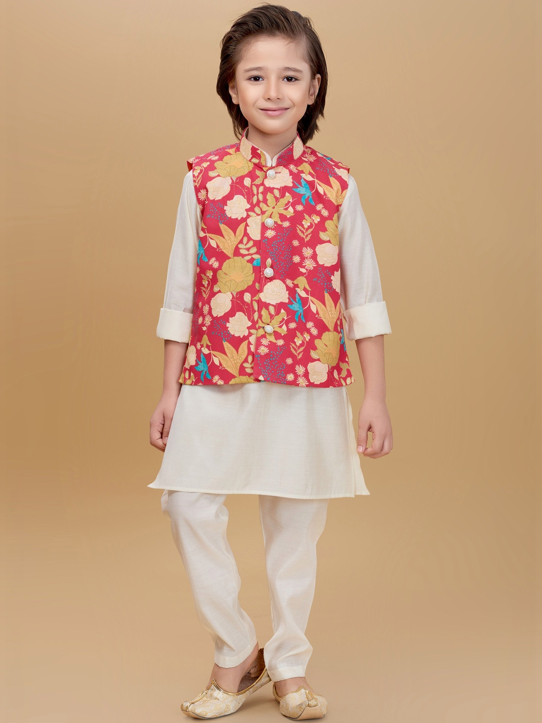 Ministitch Boys Floral Printed Mandarin Collar Kurta With Pyjamas & Nehru Jcket