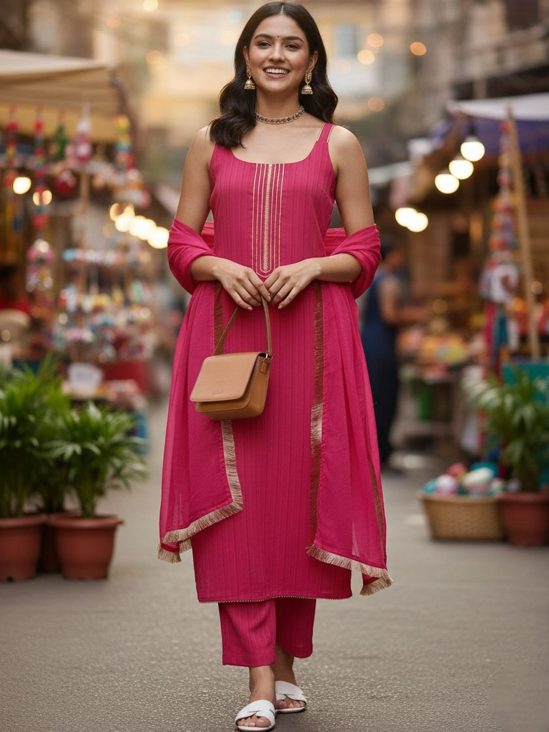 AADVIKA Striped Square Neck No Sleeves Gotta Patti Straight Kurta With Trousers & Dupatta