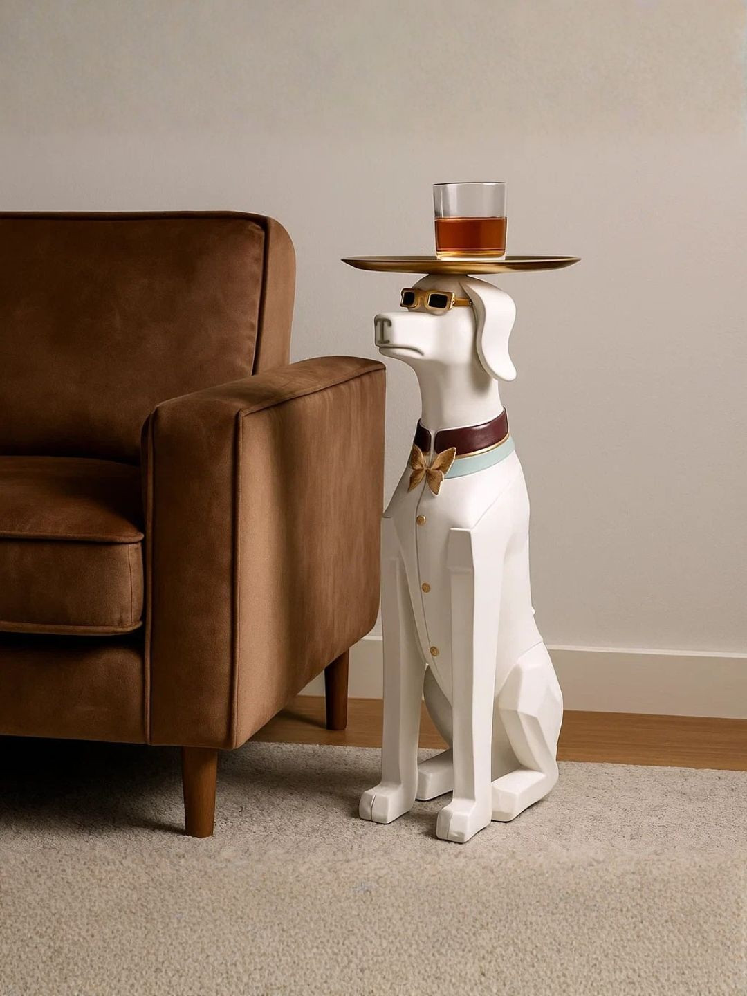 SMOKEY COCKTAIL White & Gold-Toned Polyresin Rover Dog Tray Showpiece-9.5 Inch