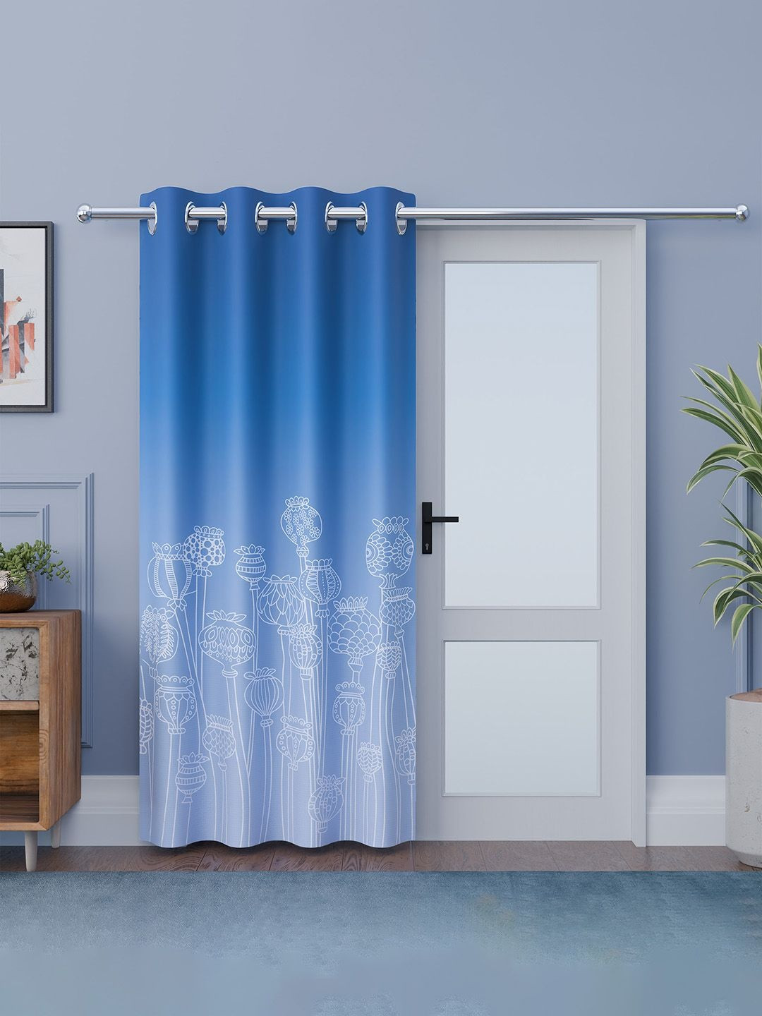 Aura Blue Floral Door Curtain