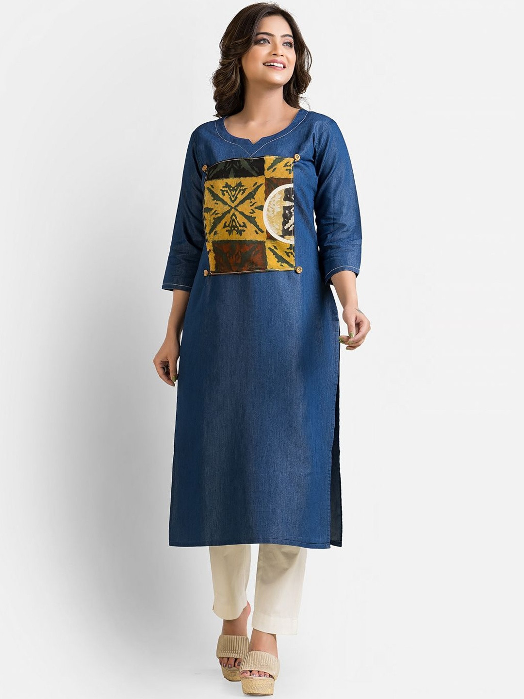 Crazy Needle Detachable Patchwork Straight Denim Kurta